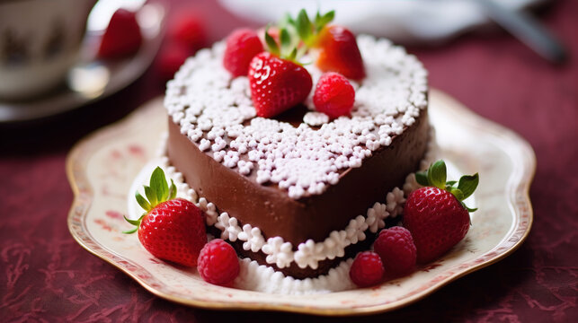 Heart-Shaped Dessert: A close-up of a heart-shaped dessert, such as a cake or cookie, decorated with love-themed elements. The image captures the sweet and indulgent side of love
