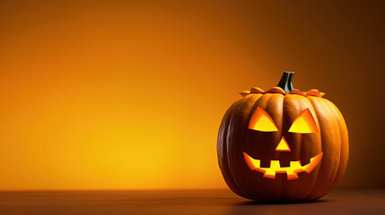 Festive Halloween Decoration - Glowing Jack-o'-Lantern Pumpkin on Yellow Background. Generative AI.