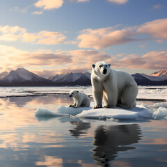 Obraz na płótnie Canvas A mother white bear and her cub stand precariously on the last remaining piece of ice 