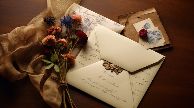 Love Letters: A close-up of a bundle of love letters tied with a ribbon. The image evokes feelings of nostalgia and romance