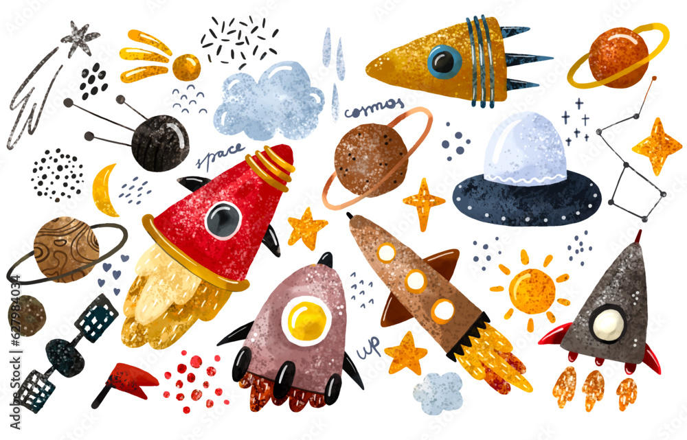 Wall mural space illustration in childish style. set of cosmos elements such as rocket, stars, asteroids, ufo, 