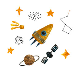Space illustration in childish style. Set of cosmos elements such as rocket, stars, asteroids, ufo, Comets, moon, osteroid, stylized planets set. Cosmic set