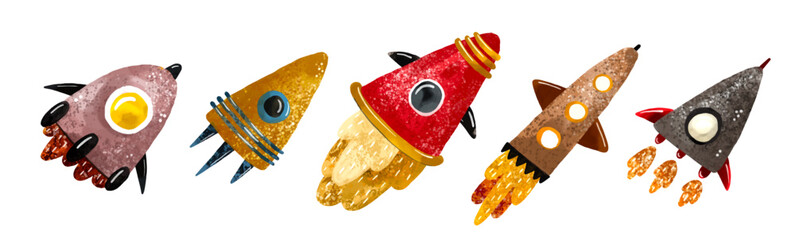 Space illustration in childish style. Set of cosmos elements such as rocket, stars, asteroids, ufo, Comets, moon, osteroid, stylized planets set. Cosmic set
