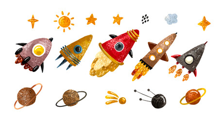 Space illustration in childish style. Set of cosmos elements such as rocket, stars, asteroids, ufo, Comets, moon, osteroid, stylized planets set. Cosmic set