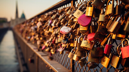 Love Locks on a Bridge: A close-up of a collection of love locks attached to a bridge railing. The image symbolizes everlasting love and commitment