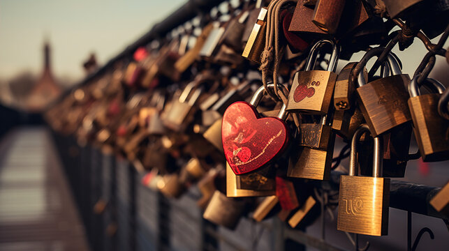 Love Locks on a Bridge: A close-up of a collection of love locks attached to a bridge railing. The image symbolizes everlasting love and commitment