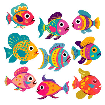 Different kinds of cartoon stylish colorful fish collection, sea life for aquarium, clip art, nursery game vector illustration