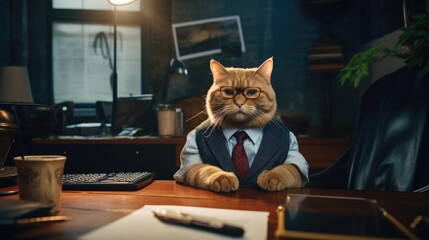 A cat in a suit sitting at a desk. Generative AI.