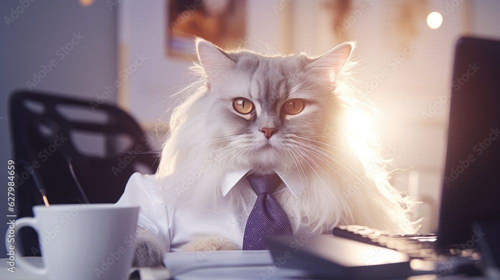 Poster a cat wearing a tie sitting in front of a computer. generative ai.