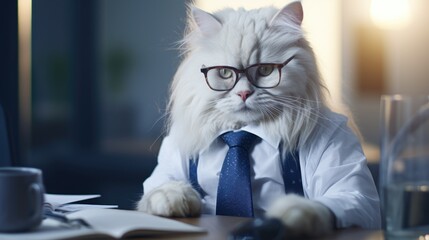A white cat wearing glasses and a tie. Generative AI. - Powered by Adobe