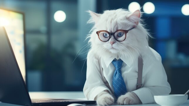 A white cat wearing glasses and a tie sitting in front of a laptop. Generative AI.