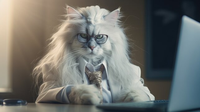 A cat with glasses and a tie sitting in front of a laptop. Generative AI.