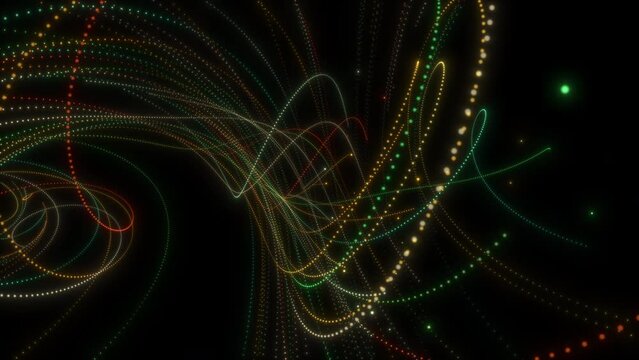 Multi-colored swirling tracks of particles on a black background. Abstract animation of the passage of charged particles in a magnetic field. 3D render. 4k.