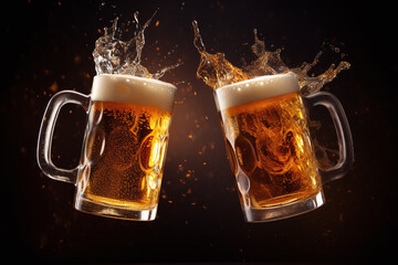 Two beer mugs toasting, empty black background