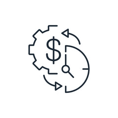 Mechanism with dollar, time and influence arrows. Financial efficiency.  Cost Optimization. Fast 
 operational control. Vector linear icon isolated on white background.