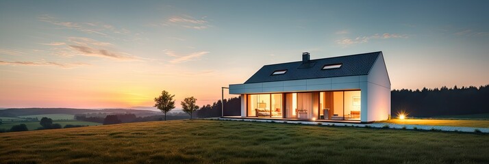 Fototapeta premium Evening landscape. Beautiful sunset over green meadow with house in background