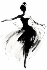 Fototapeta premium Generative AI, Beautiful dancing woman drawn by black ink or watercolor. Hand paint black and white fashion sketch.