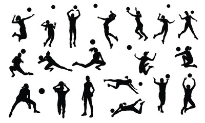Set of female volleyball players silhouettes isolated vector team sports and beach volleyball - obrazy, fototapety, plakaty