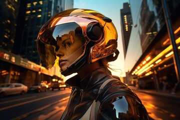 Fototapeta na wymiar A cyberpunk woman wearing a motorcycle helmet with a mirrored visor that reflects the amazing sunset and the stunning skyscrapers. Generative AI