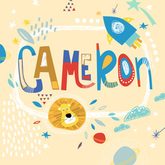 Bright card with beautiful name Cameron in planets, lion and simple forms. Awesome male name design in bright colors. Tremendous vector background for fabulous designs