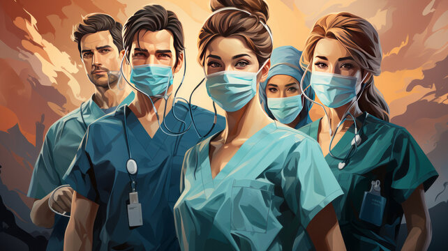 Illustration of doctors and nurses characters wearing masks.generative ai