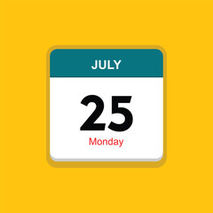 monday 25 july icon with yellow background, calender icon