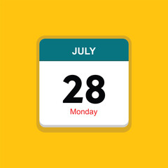 monday 28 july icon with yellow background, calender icon