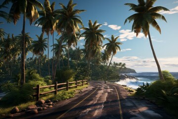 Obraz na płótnie Canvas Coastal road palm tree morning. Generate Ai