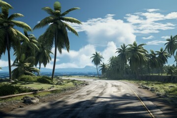 Coastal road palm tree morning. Generate Ai