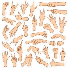  Gestures arms stop, palm, thumbs up, finger pointer, ok, like and pray or handshake, fist and peace or rock n roll. engraved hand drawn in old sketch style, vintage collection of emotion and signs.