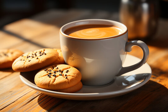 Cheerful morning indulgence, Vibrant orange cup of coffee with smiling cookies on a wooden table Generative AI