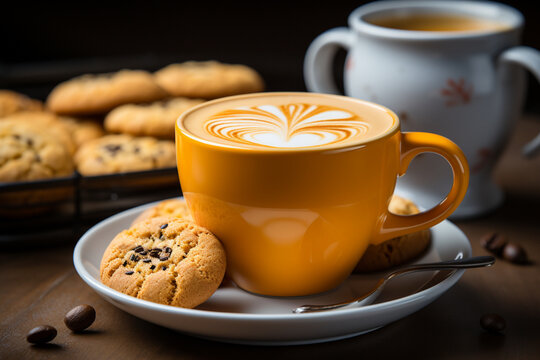 Colorful morning treat, Vibrant orange cup of coffee and smiling cookies in a closeup shot Generative AI