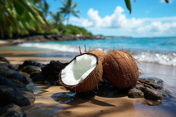 Idyllic seaside scene, Luscious green coconut, serene blue sea Generative AI