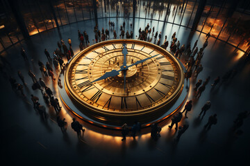 Realistic timekeeping, Photorealistic scene featuring people gathered around the clock Generative AI