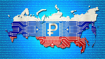 Vector 3D Russian digital ruble symbol. Map of the Russian Federation in the colors of the national flag and with a computer scheme. Against the background of pixel numbers.