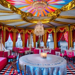 A whimsical circus-themed dining room with circus tent drapes, carousel chandelier, and vintage carnival posters5