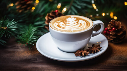 Obraz na płótnie Canvas Delicious fresh festive morning cappuccino coffee in a ceramic blue cup on the warm cover with little wrapped gifts, red ornamentals, fireflies and spruce branches