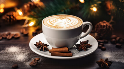 Obraz na płótnie Canvas Delicious fresh festive morning cappuccino coffee in a ceramic blue cup on the warm cover with little wrapped gifts, red ornamentals, fireflies and spruce branches