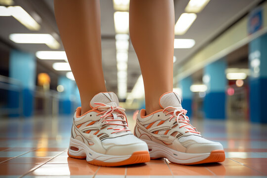 Studious steps, Closeup of Korean student woman walking in university library, focus on sneakers Generative AI