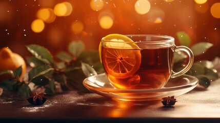 Hot drink cocktail for New Year, Christmas, winter or autumn holidays. Toddy. Mulled pear cider or spiced tea or grog with lemon, pear, cinnamon, anise, cardamom, rosemary. - obrazy, fototapety, plakaty
