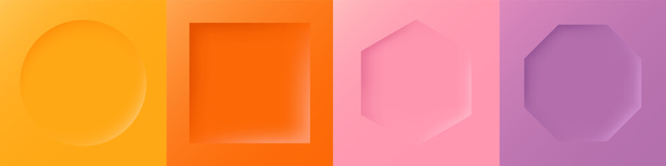 Obraz premium Colorful 3d frame set. Collection of realistic background. Orange, pink, red and purple backdrop with circle, square, hexagon and octagon shapes