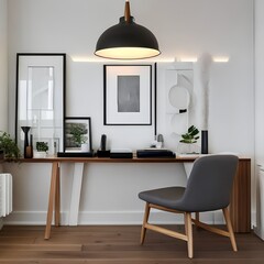A Scandinavian-inspired home office with a clean white desk, natural wood accents, and minimalist decor1