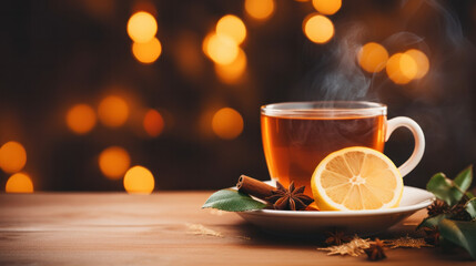 Hot drink cocktail for New Year, Christmas, winter or autumn holidays. Toddy. Mulled pear cider or spiced tea or grog with lemon, pear, cinnamon, anise, cardamom, rosemary.