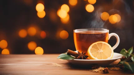  Hot drink cocktail for New Year, Christmas, winter or autumn holidays. Toddy. Mulled pear cider or spiced tea or grog with lemon, pear, cinnamon, anise, cardamom, rosemary. © darkhairedblond