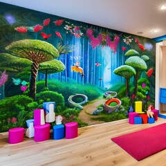 A magical fairy garden playroom with an enchanted forest mural, toadstool seats, and fairy wings dress-up area1
