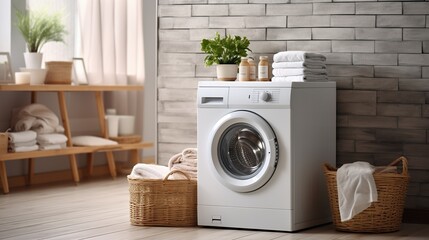 In the laundry room interior, there's a clothes washing machine next to a window