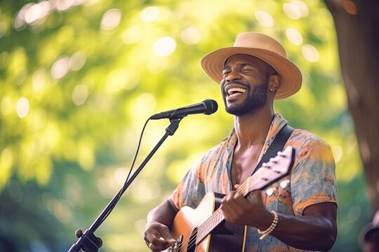 Strumming in the Sun: Male Musician's Passionate Busking in Summer Park. Generative AI