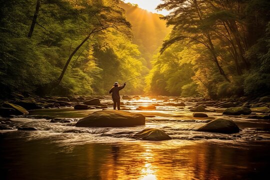 One with Nature: Adult Man Fly Fishing in Mountain Stream. Generative AI