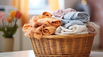 Fototapeta na wymiar A basket for laundry on the floor in the home, styled light orange