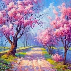 Obraz na płótnie Canvas landscape with sakura trees and water